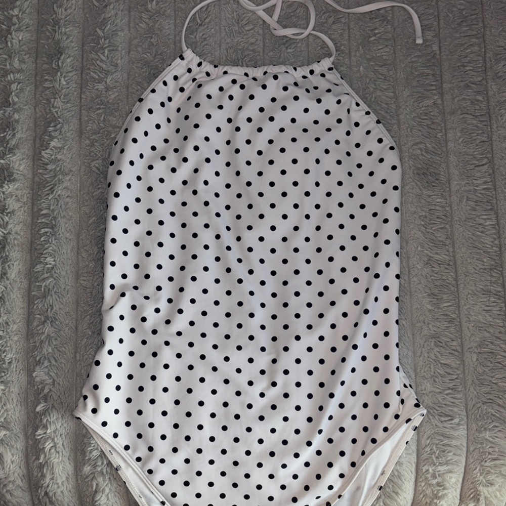 FOREVER 21 White Halter One-Piece Swimsuit with Black Polka Dots Size M
